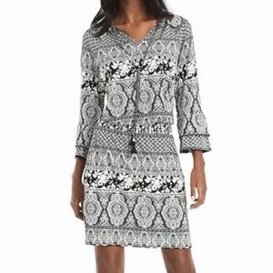 White House Black Market Medallion Print Blouson Dress (6) Bell Sleeves Tassel